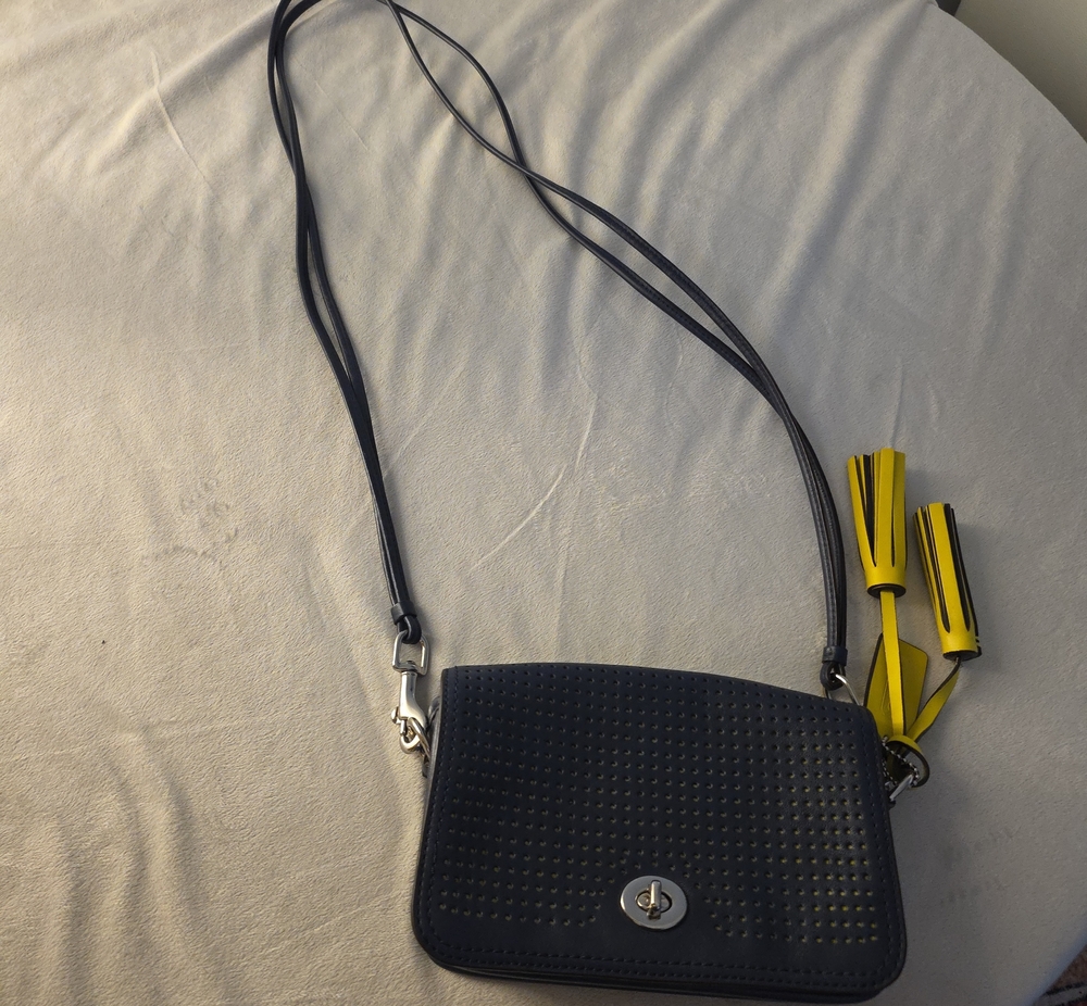 Coach Dark Blue Crossbody Shoulder Bag with Yellow Tassels